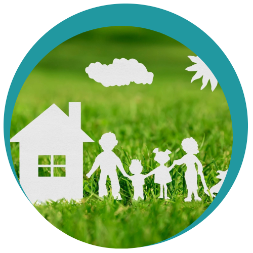 Illustration of a family standing in front of a house