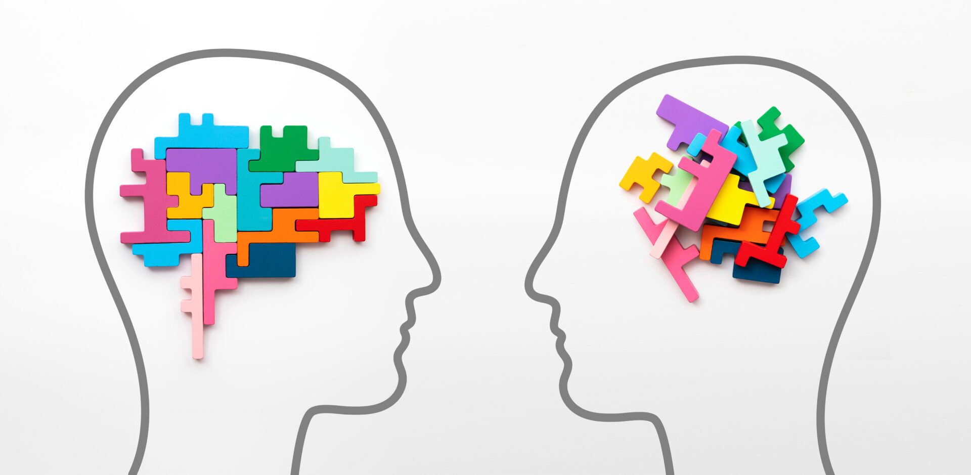 Two head silhouettes filled with interlocking puzzle pieces